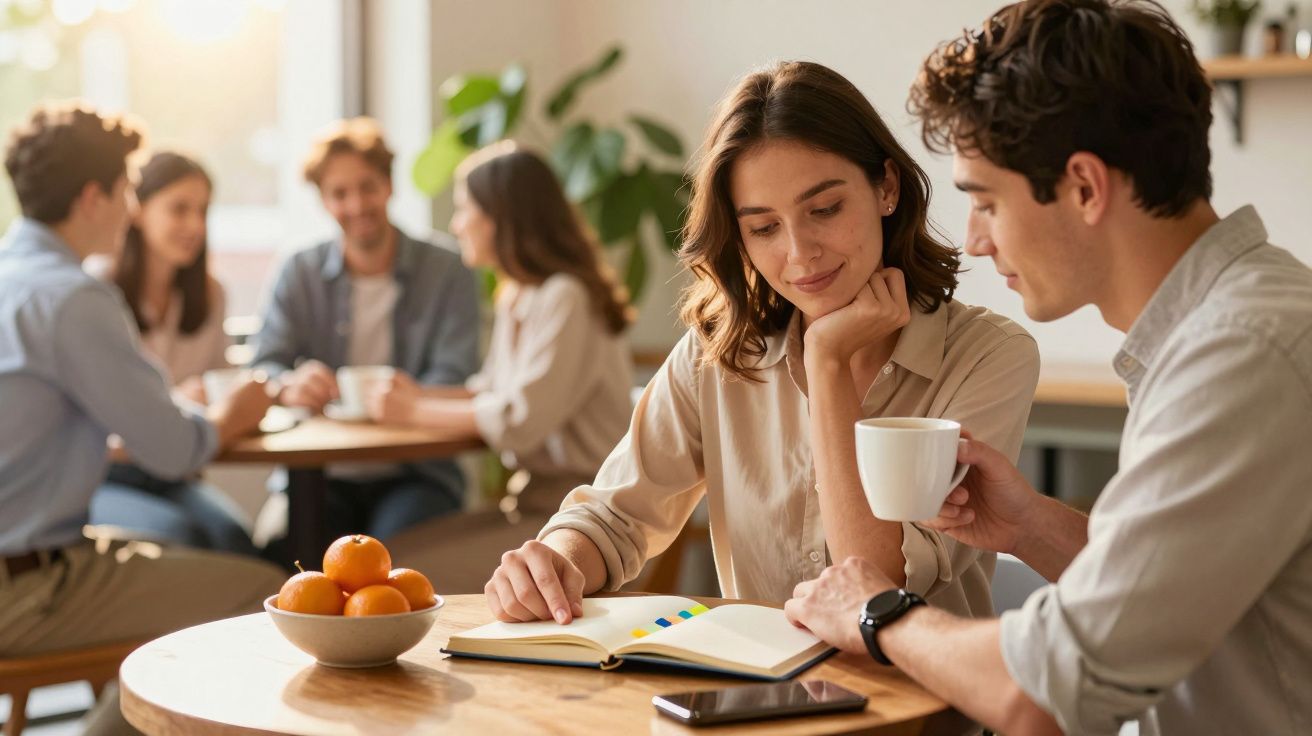 Para siedzi przy stole z książką i kawą, w tle rozmawiająca grupa.