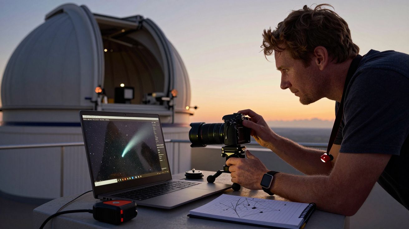Mężczyzna fotografuje kometę na laptopie, stojąc obok obserwatorium o zachodzie słońca.