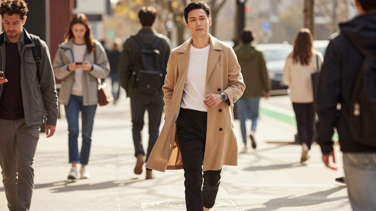 Mężczyzna w płaszczu idzie ulicą wśród ludzi, którzy korzystają z telefonów.