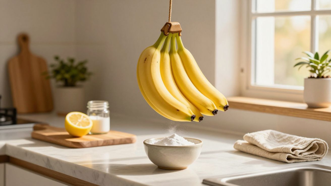 Wiszące banany nad miską z mąką na blacie kuchennym, obok cytryna i roślina przy oknie.