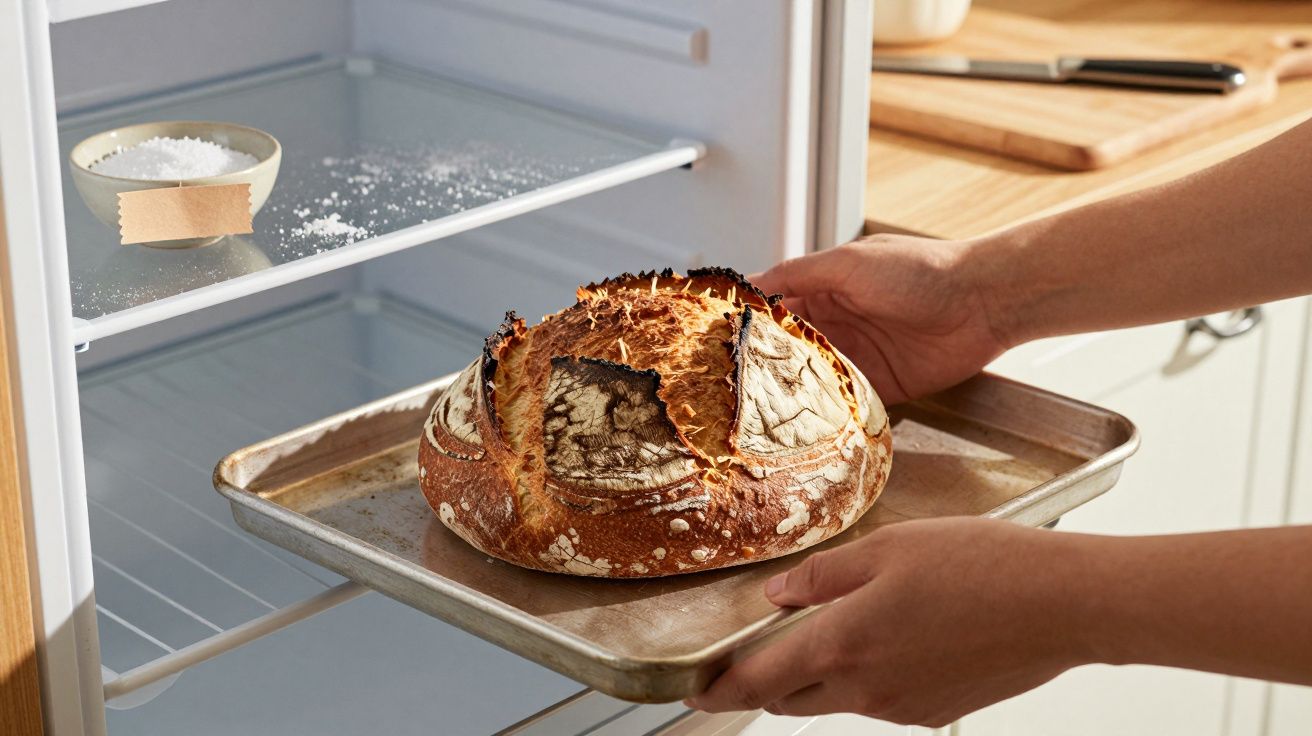 Ręce wkładają świeżo upieczony chleb na blasze do pustej lodówki, obok miska z solą.