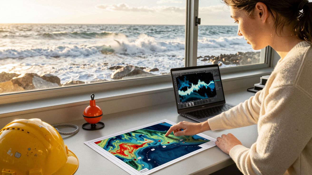 Osoba analizująca mapę geograficzną przy biurku, z laptopem i oceanem w tle, kask na stole obok.
