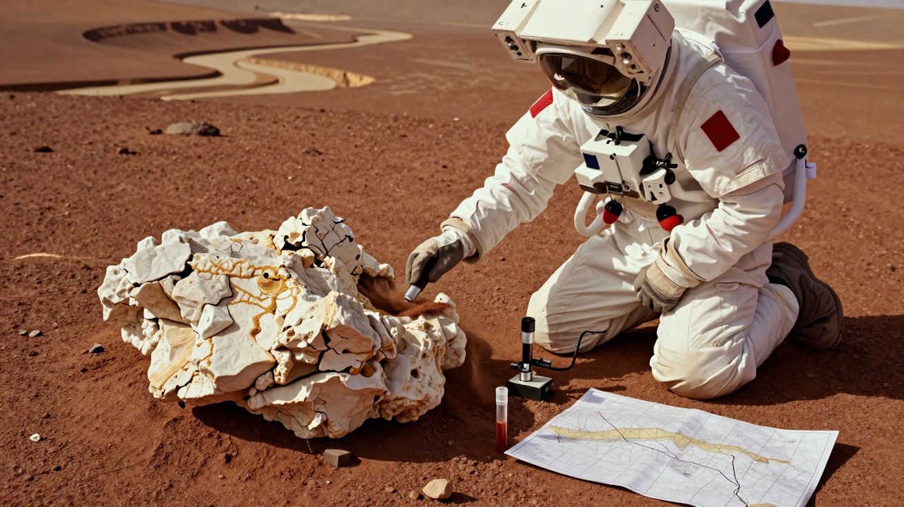 Astronaut na Marsie bada próbkę skały, na ziemi leży mapa.