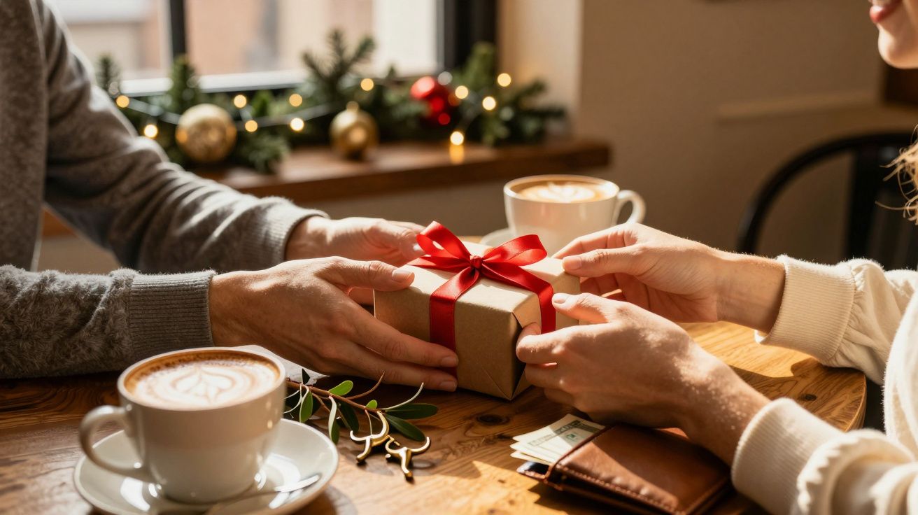 Osoby wymieniające się prezentem owiniętym czerwoną wstążką przy stoliku z kawą i dekoracjami świątecznymi.