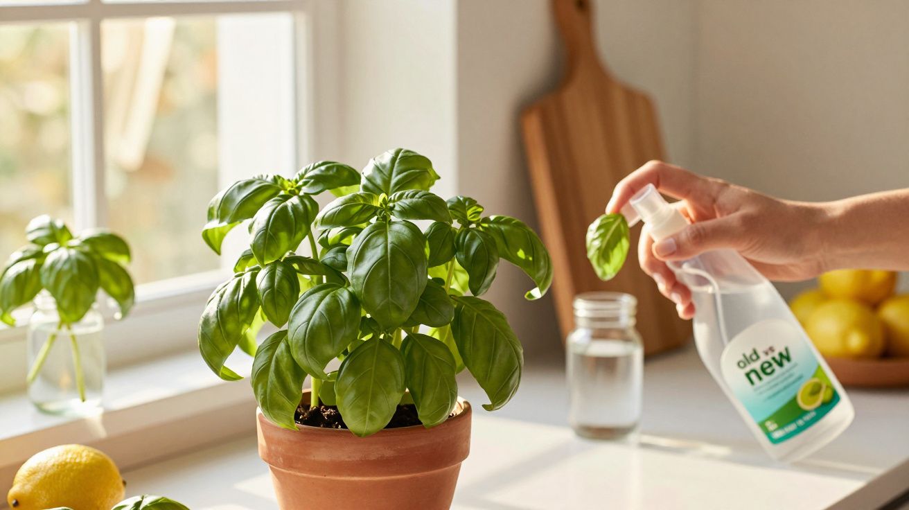 Ręka spryskuje roślinę bazylii w doniczce na jasnym blacie w kuchni. W tle widać cytryny i deskę do krojenia.