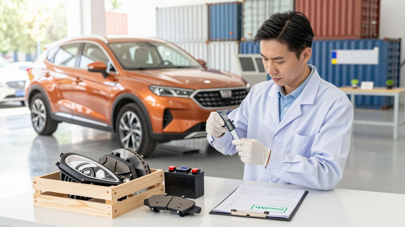 Mężczyzna w białym fartuchu bada części samochodowe przy biurku, w tle pomarańczowy SUV.