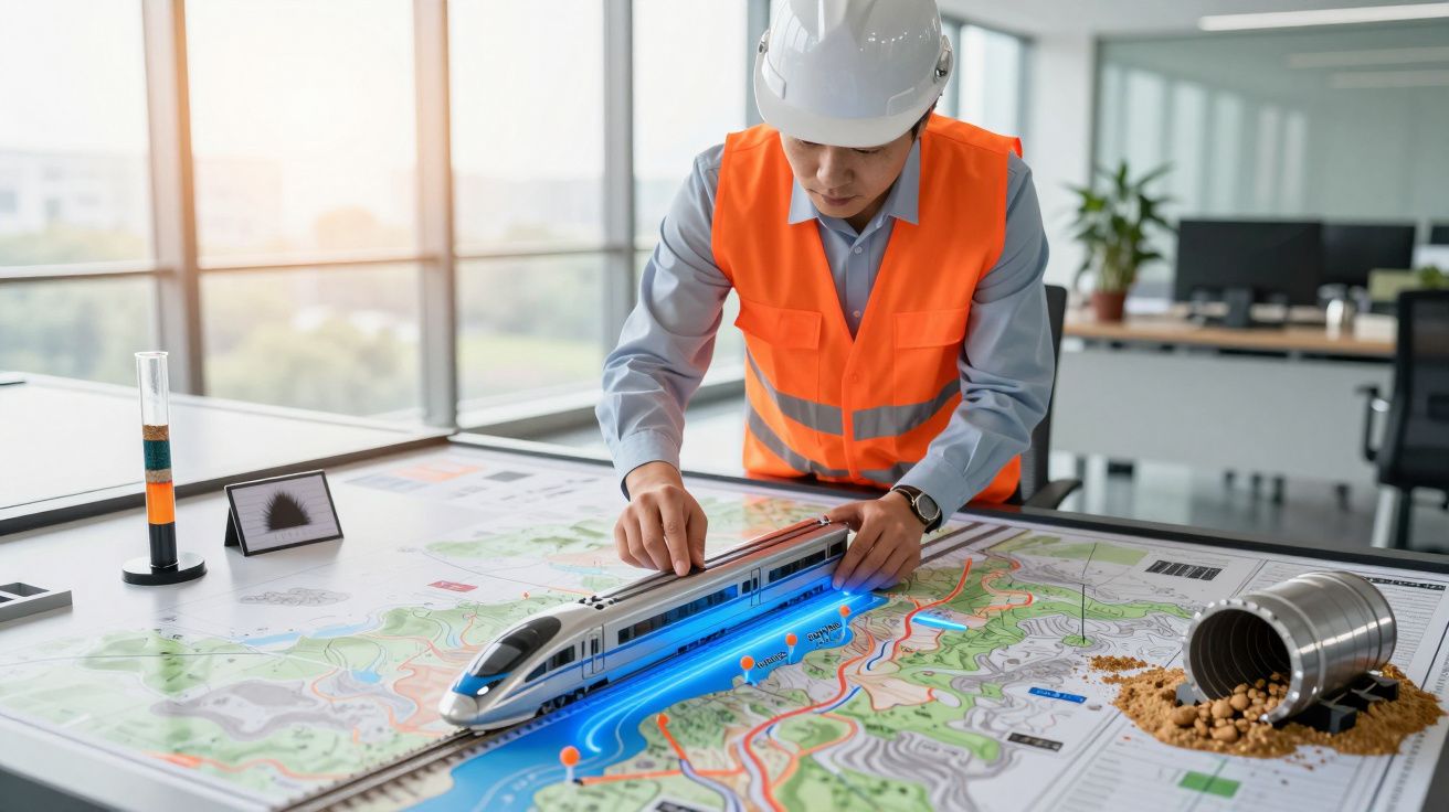 Mężczyzna w kasku i kamizelce odblaskowej pracuje nad modelem pociągu na mapie w biurze.