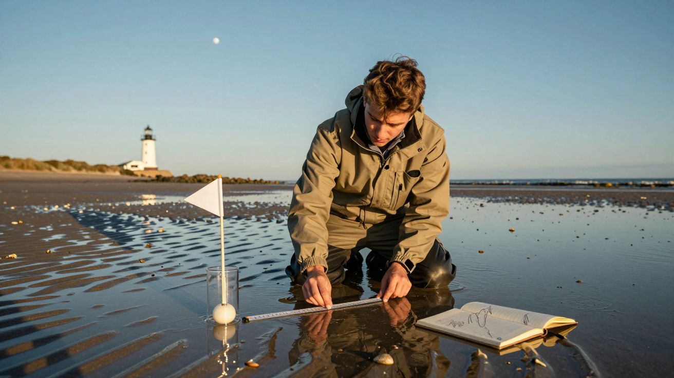 Mężczyzna mierzy plażę nad morzem, obok biały proporczyk i notatnik. W tle widoczna latarnia morska.