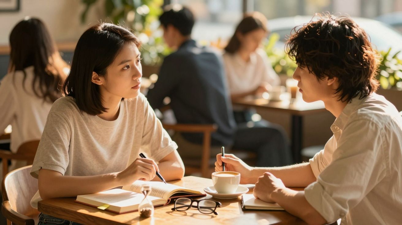 Dwie osoby siedzą przy stoliku w kawiarni, rozmawiając i robiąc notatki. W tle widać innych gości.