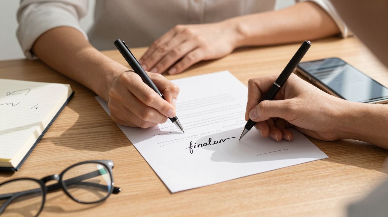 Osoby podpisujące dokument na drewnianym stole, obok okulary i smartfon.