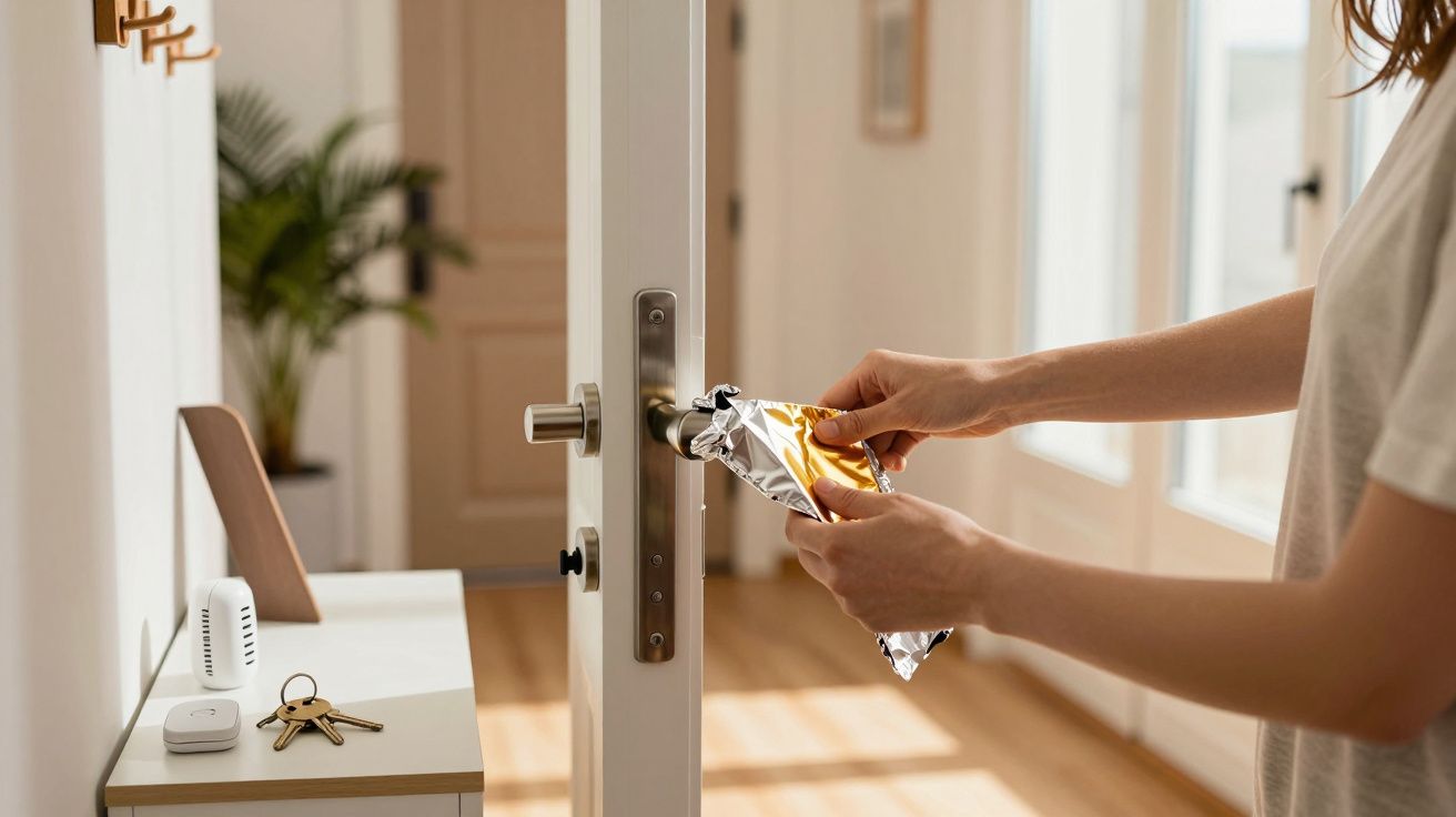 Osoba otwiera drzwi trzymając przekąskę w rękach. Na stoliku obok leżą klucze i zegarek.