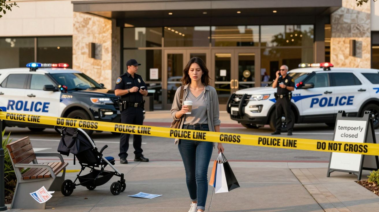 Kobieta z torbami i kawą przechodzi obok taśmy policyjnej przed zamkniętym budynkiem, w tle dwa radiowozy i policjanci.