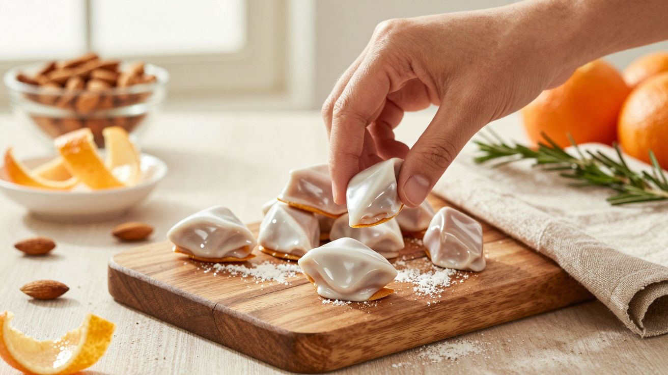 Ręka sięgająca po ciastko na desce do krojenia, otoczone pomarańczami, migdałami i rozmarynem.