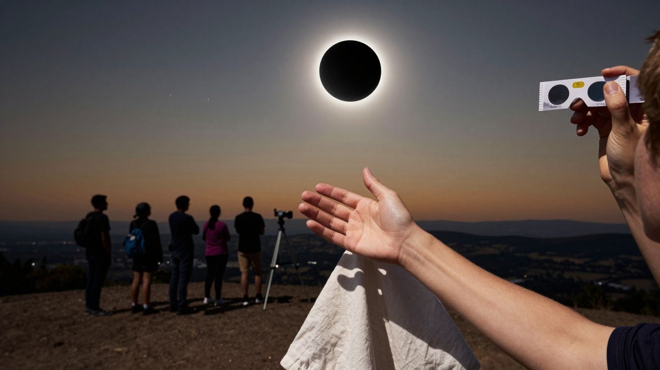 Grupa ludzi ogląda zaćmienie Słońca na otwartym terenie, z ręką trzymającą specjalne okulary.