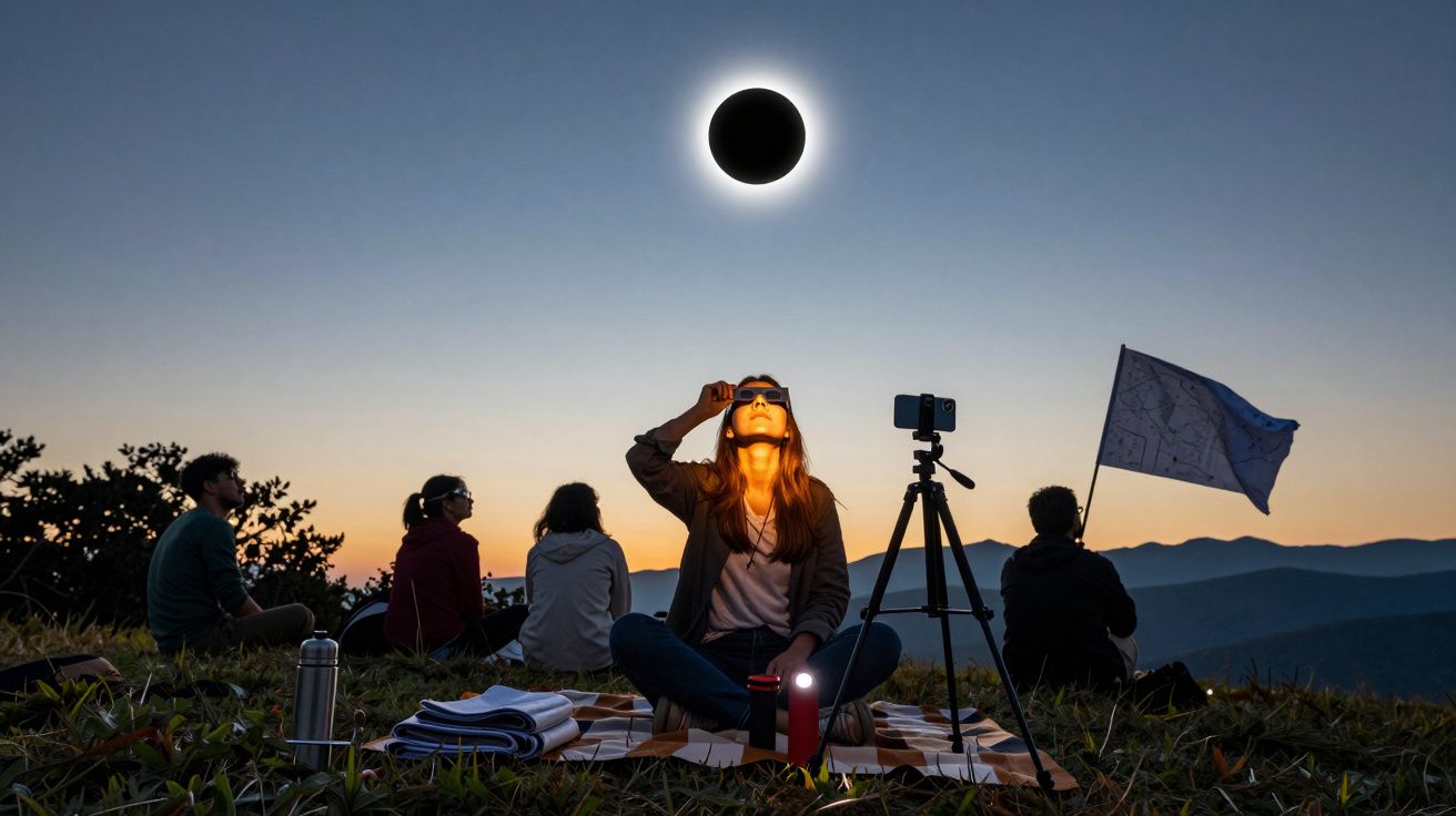 Grupa ludzi ogląda całkowite zaćmienie Słońca siedząc na trawie z górami w tle. Jeden z obserwatorów ma okulary ochronne.