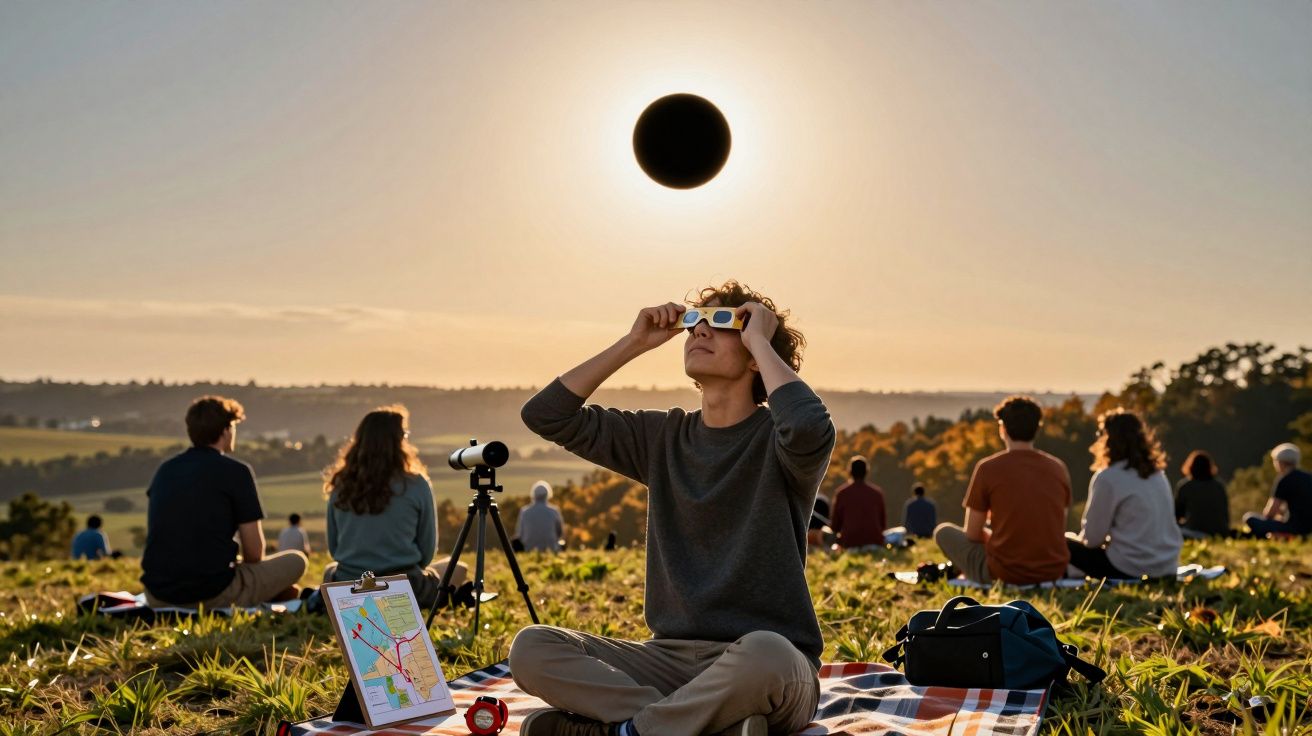 Mężczyzna oglądający całkowite zaćmienie słońca przez specjalne okulary na łące, z teleskopem obok.
