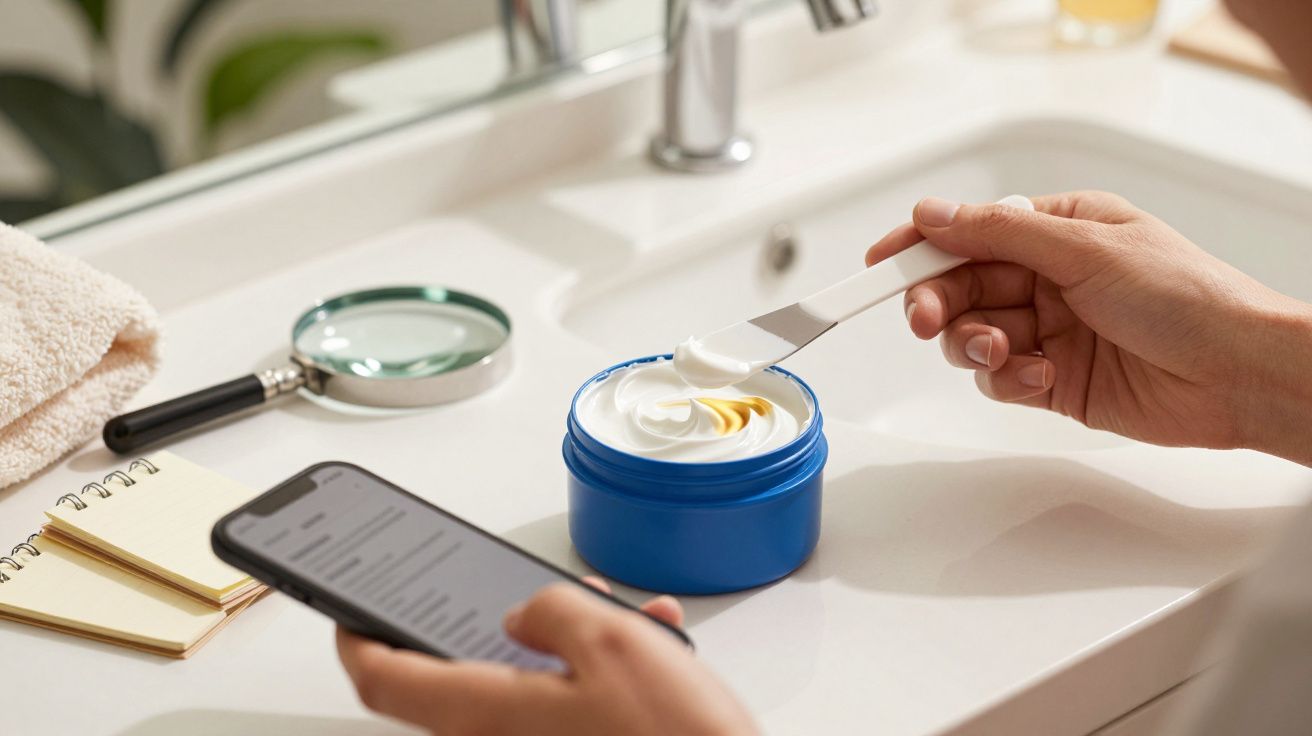 Osoba trzymająca telefon i nabierająca krem z niebieskiego słoika w łazience.