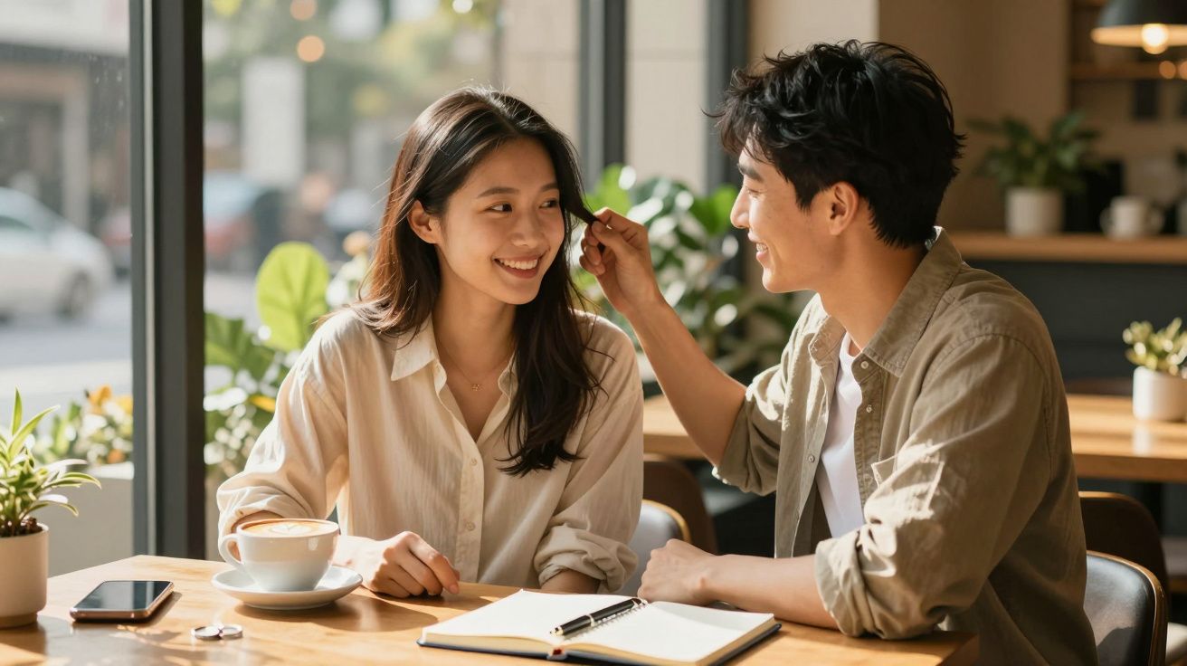 Młoda para siedzi przy stole w kawiarni, mężczyzna delikatnie dotyka włosów kobiety, a oboje się uśmiechają.