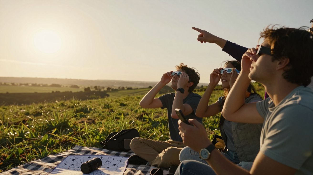 Grupa ludzi ogląda zaćmienie Słońca na wzgórzu, używając specjalnych okularów.