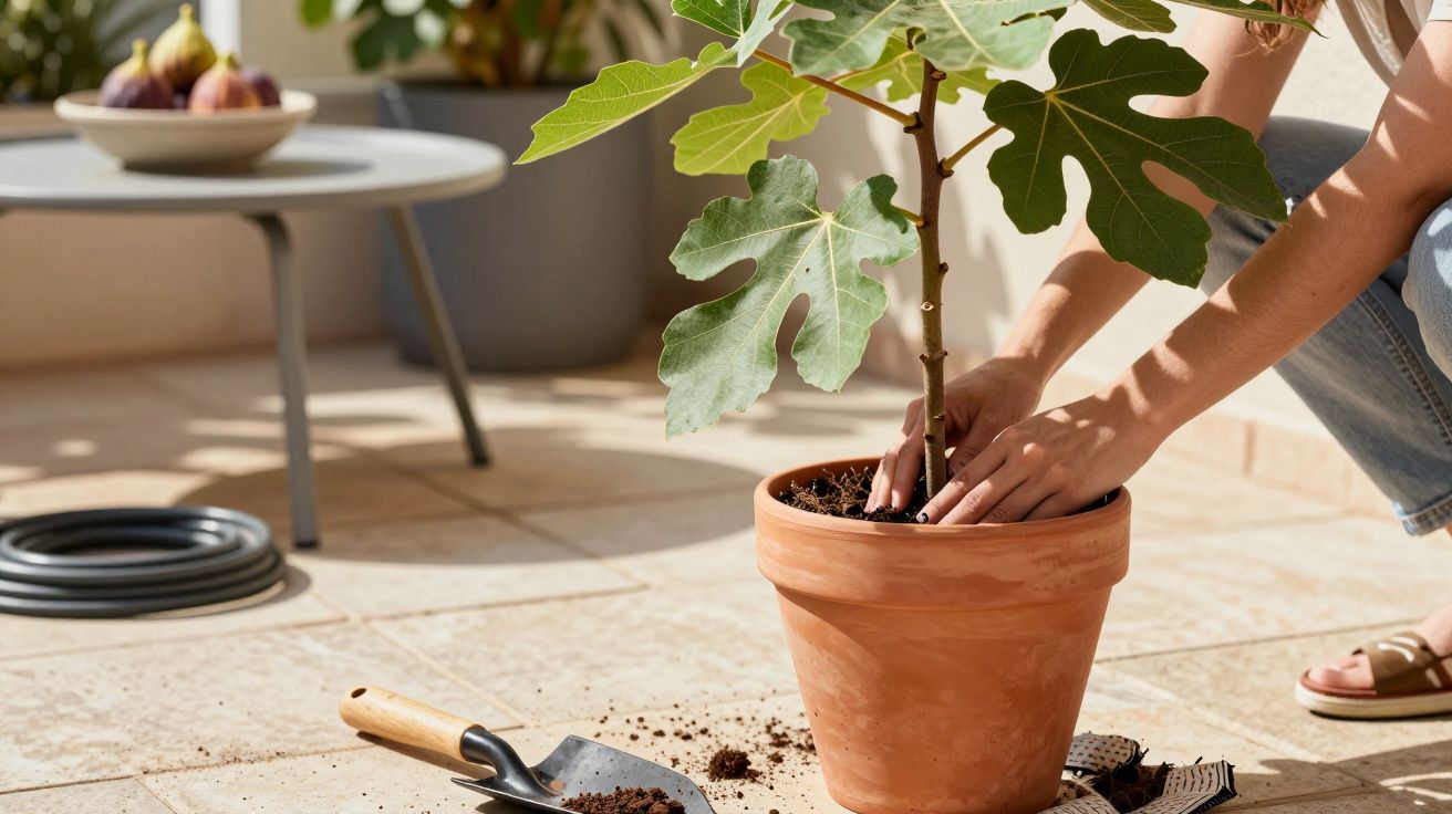 Osoba przesadza roślinę figową do dużej glinianej doniczki na tarasie, obok leży mała łopatka ogrodnicza.