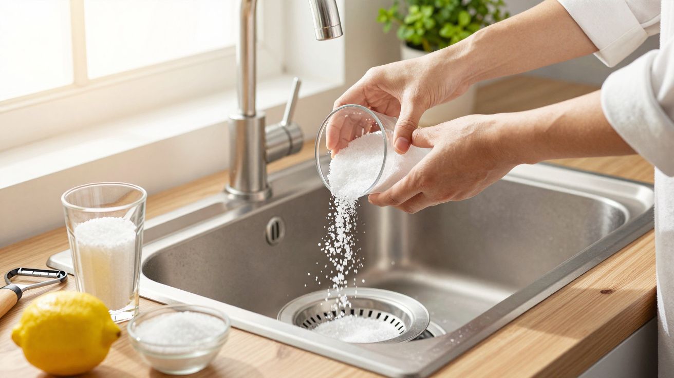 Osoba wsypująca sól do zlewu kuchennego. Na blacie cytryna, szklanka i miska z solą.