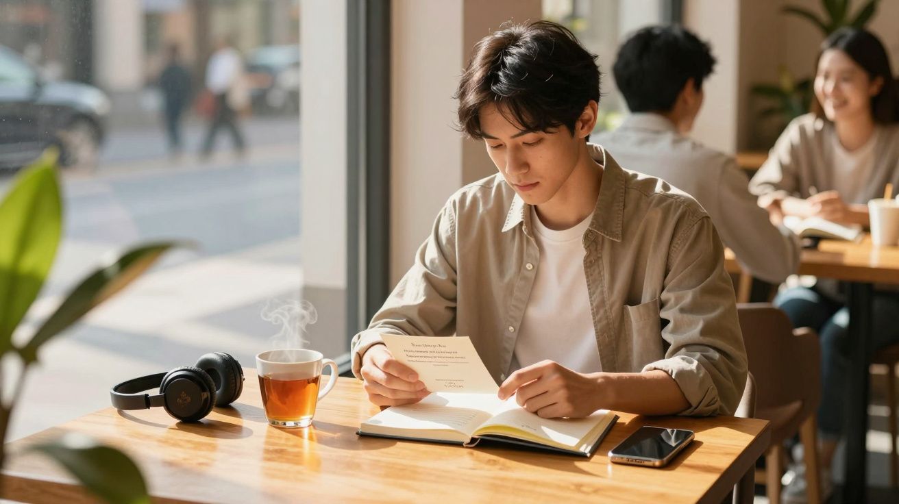 Mężczyzna czytający książkę przy stole w kawiarni, obok filiżanka herbaty i słuchawki.