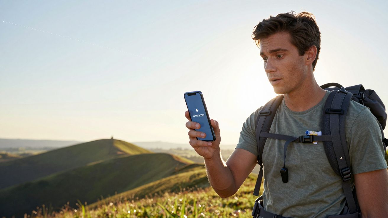 Mężczyzna z plecakiem patrzy na telefon, stojąc na wzgórzu przy zachodzie słońca.