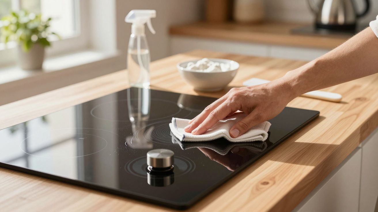 Ręka czyszcząca płytę indukcyjną w kuchni, obok miska i butelka ze sprayem.