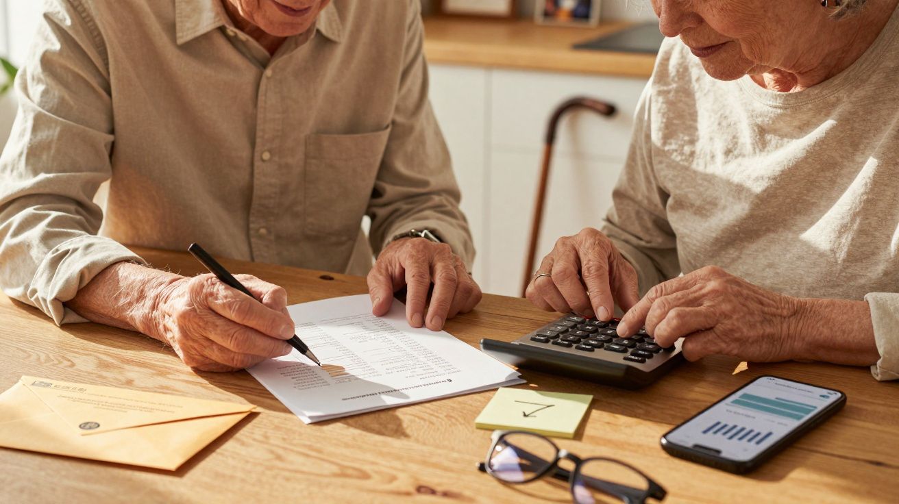 Starsza para analizuje dokumenty finansowe przy stole, używając kalkulatora i smartfona.