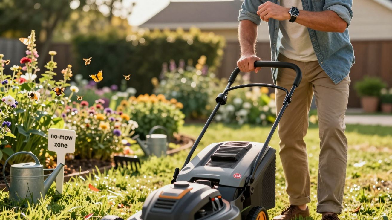 Mężczyzna koszący trawę w ogrodzie pełnym kwiatów, obok strefy "no-mow", z latającymi motylami.