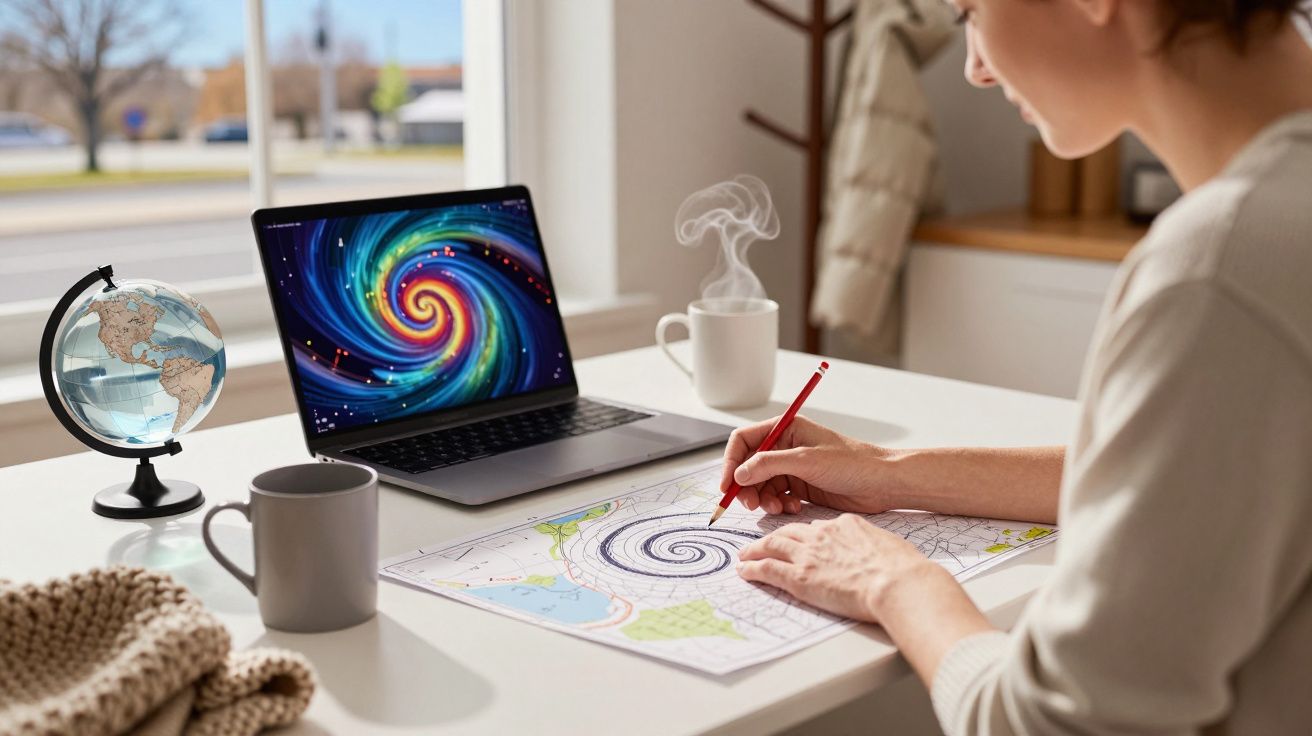 Osoba rysująca spiralę na mapie przy biurku, obok globus, laptop z obrazem wiru i filiżanka z parującą kawą.