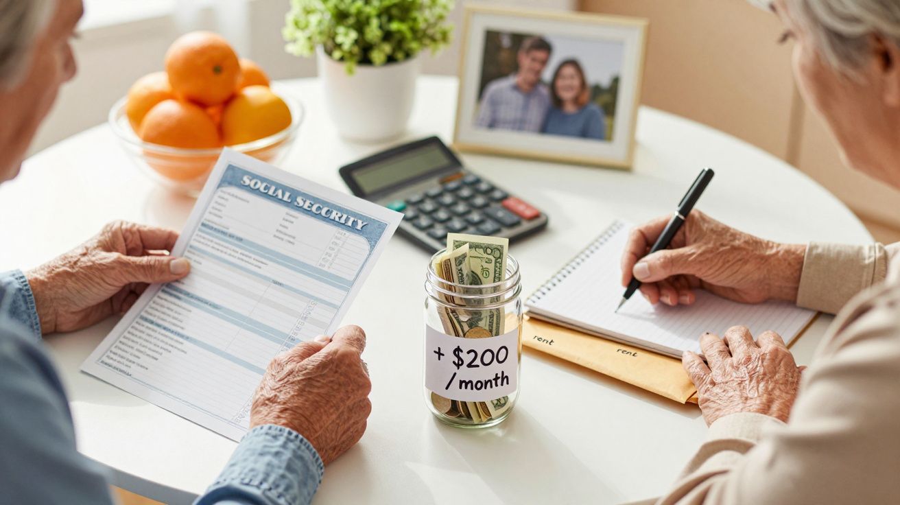 Starsze osoby planujące budżet przy stole, trzymając dokumenty i zapisując notatki, obok słoika z pieniędzmi.