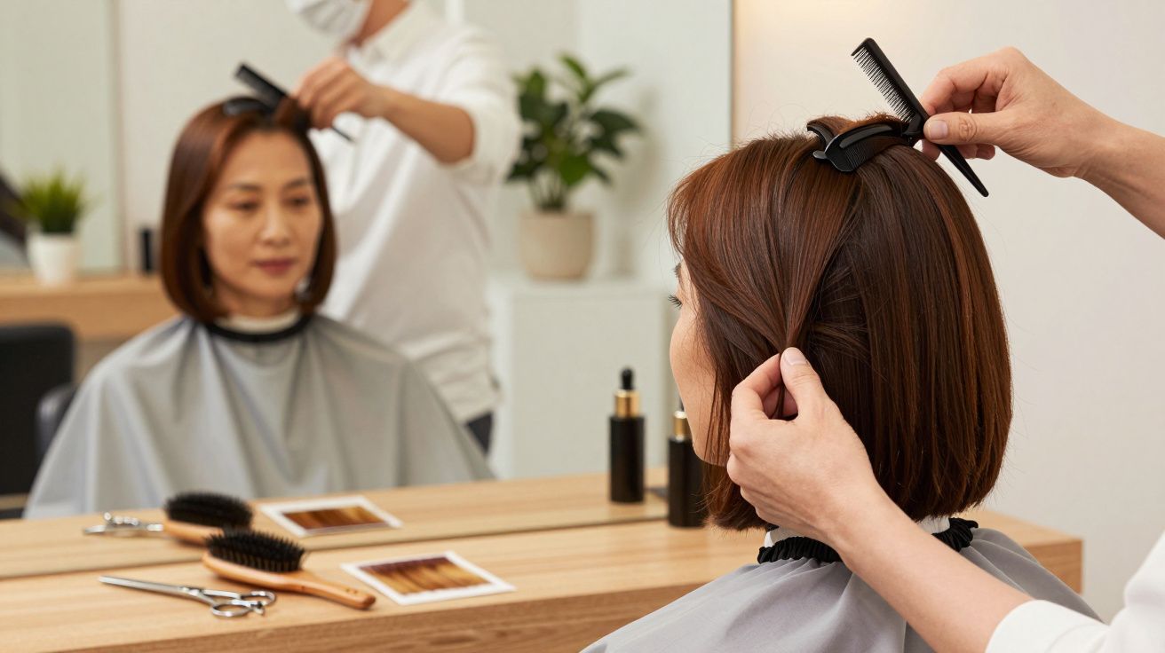 Kobieta w salonie fryzjerskim, fryzjer układa jej włosy przed lustrem.