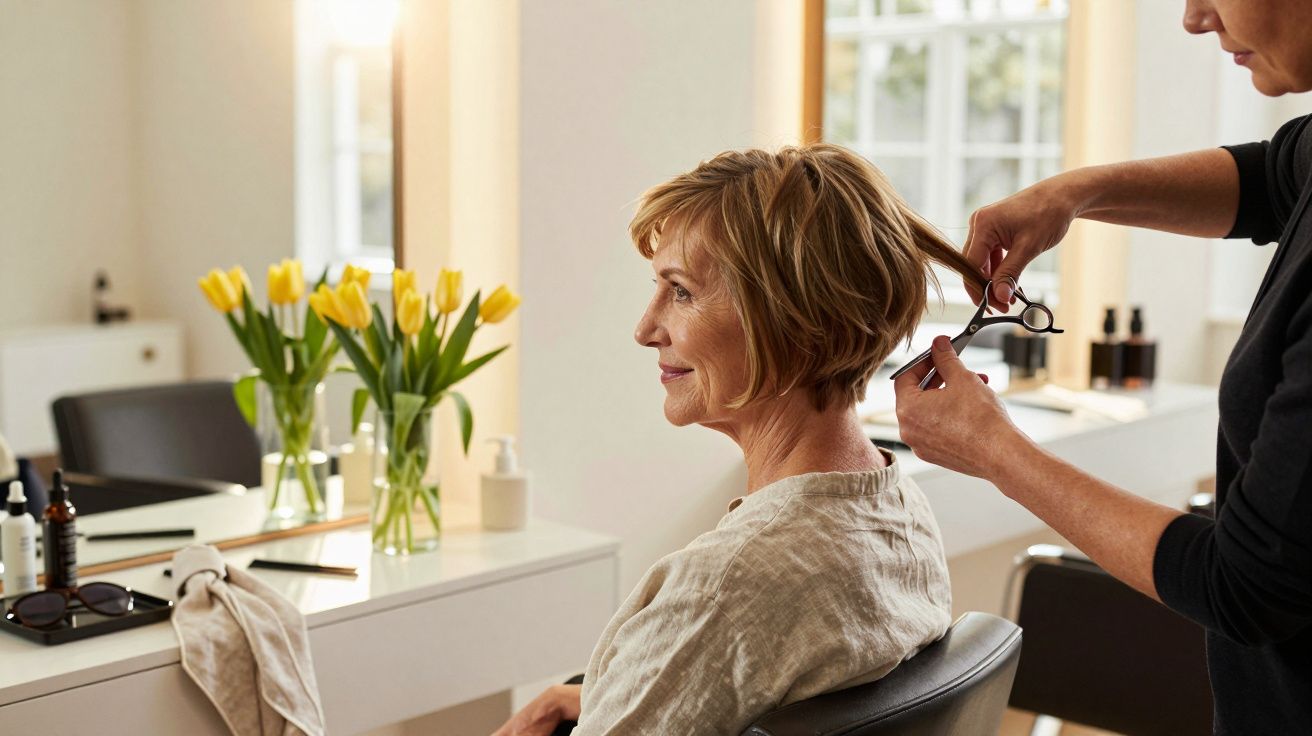 Starsza kobieta siedzi na krześle w salonie fryzjerskim, obok wazon z żółtymi tulipanami.