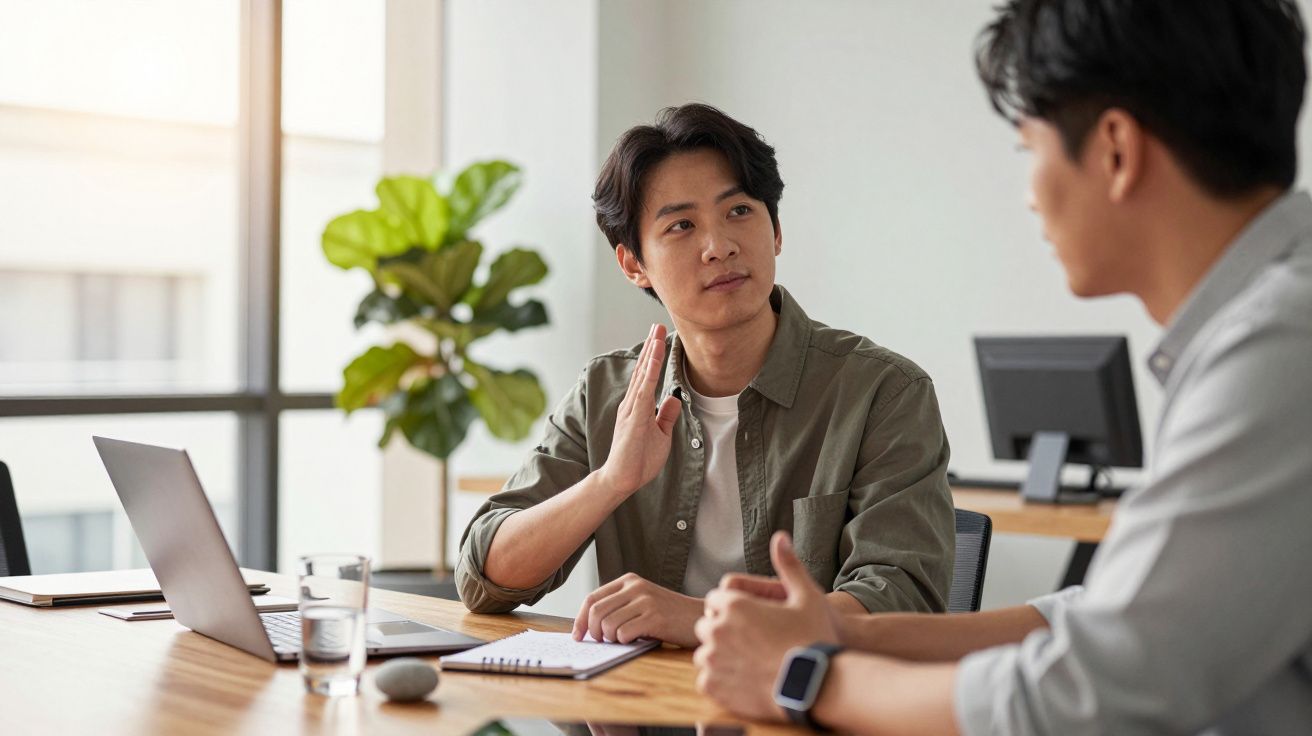 Dwóch mężczyzn rozmawia przy biurku w nowoczesnym biurze, obok laptopa i rośliny w tle.