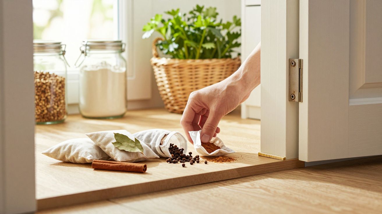 Ręka sięga po przyprawy na blacie kuchennym, obok słoików i koszyka z ziołami.