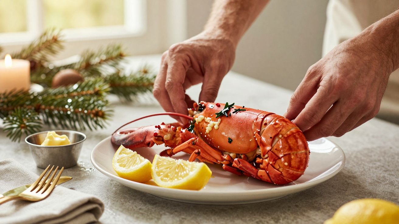 Osoba układa homara na talerzu z kawałkami cytryny, obok gałązka świerku i świeca.