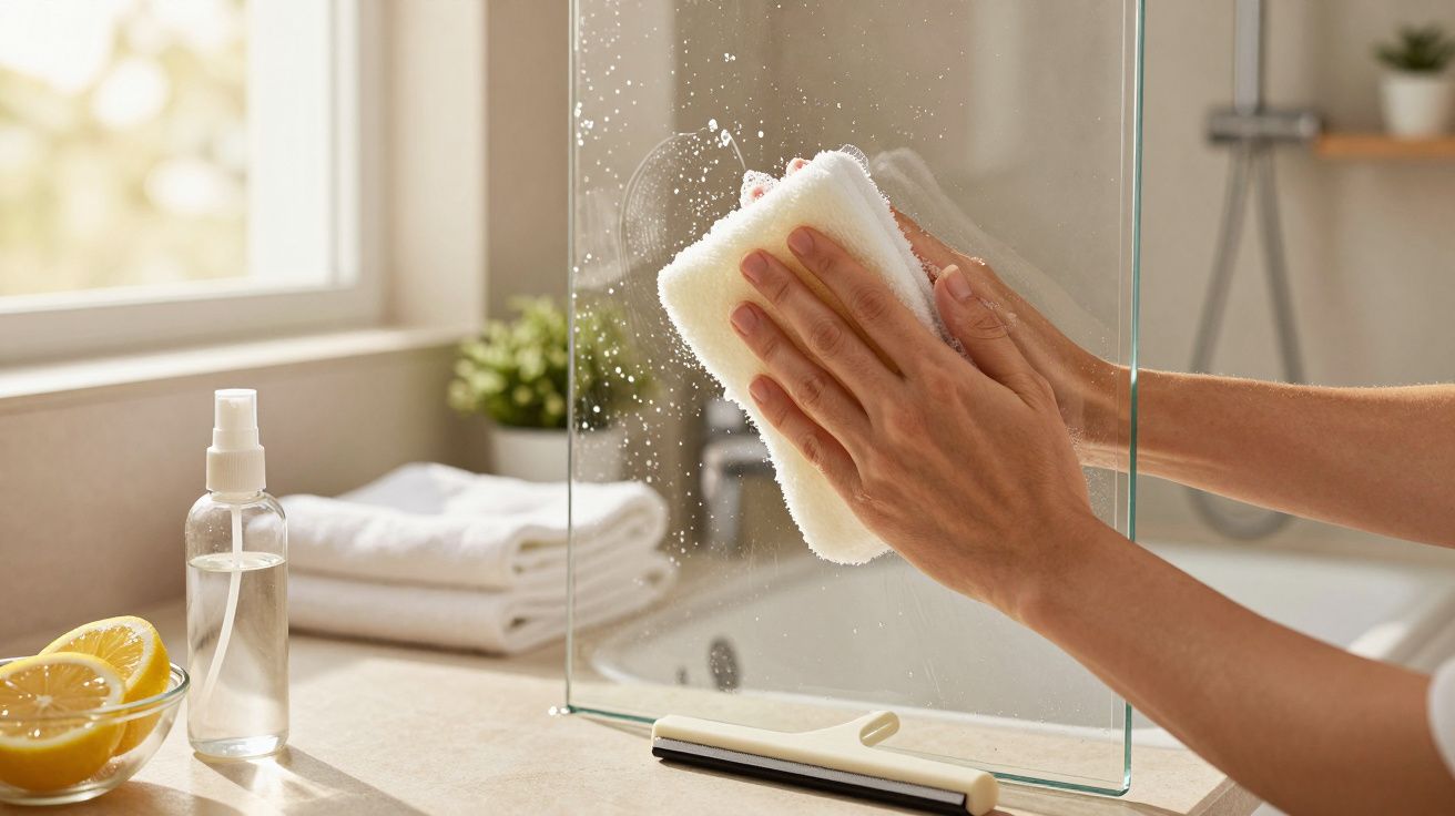 Osoba czyści szklaną powierzchnię mokrą ściereczką, w tle ręczniki, cytryna i butelka ze sprayem.