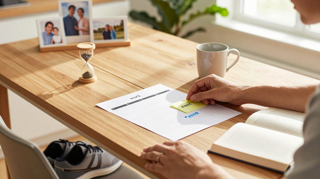 Osoba przy biurku przylepia notatkę na kalendarzu, obok książki, kubka, klepsydry i zdjęć w ramkach.