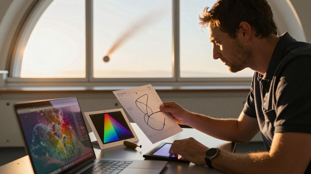 Mężczyzna analizuje wykresy przy biurku z laptopem, tabletem i dokumentami; za oknem widać padający meteoryt.