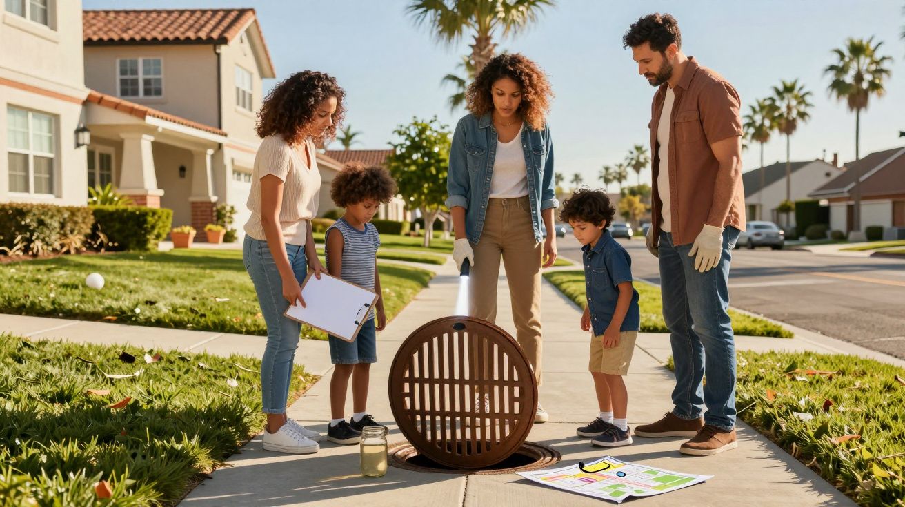 Cztery osoby stoją obok otwartej kratki ściekowej w dzielnicy mieszkaniowej, patrząc na plany na chodniku.