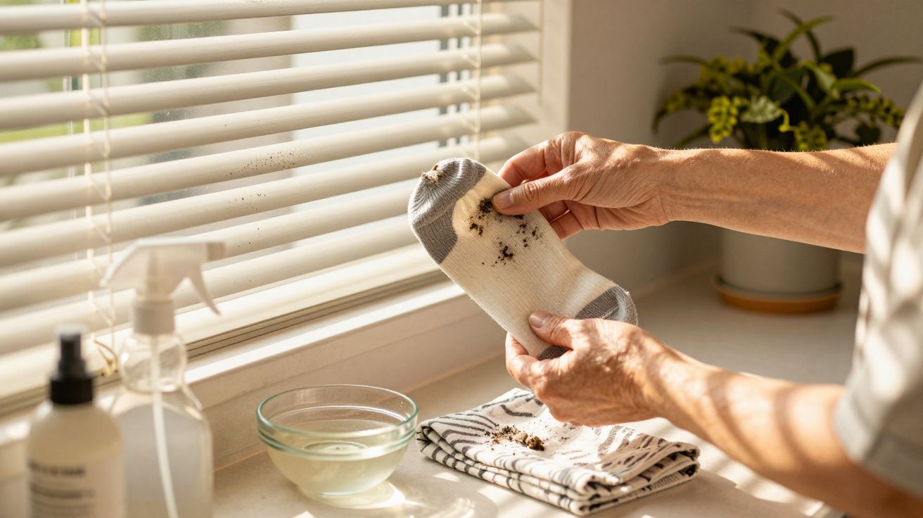 Osoba trzyma skarpetkę z kurzem, stojąc przy oknie z żaluzjami, obok miseczka z wodą i roślina doniczkowa.