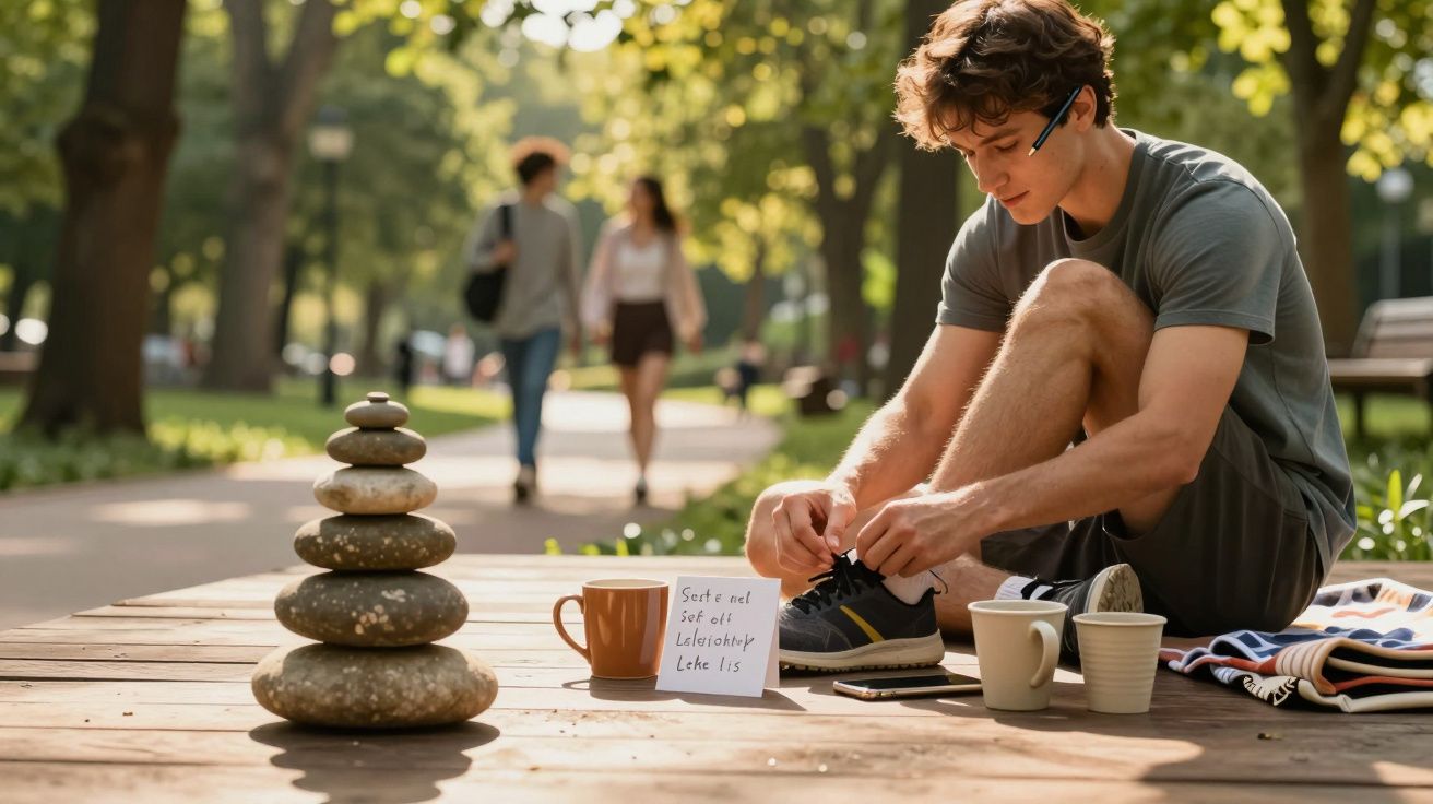 Mężczyzna wiąże buty na ławce w parku; obok stos kamieni i kubki, w tle ludzie spacerujący alejką.