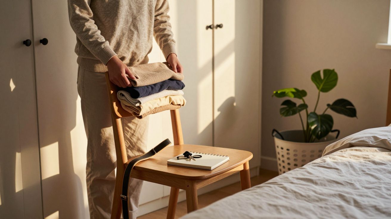 Osoba składa ubrania na krześle w sypialni, notatnik z długopisem na siedzeniu, kosz na pranie obok łóżka.
