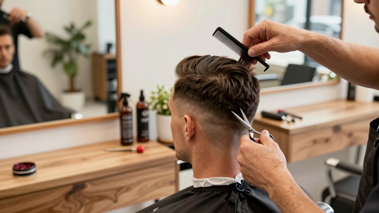 Mężczyzna z krótkimi włosami siedzi w salonie fryzjerskim, fryzjer tnie włosy nożyczkami i grzebieniem.