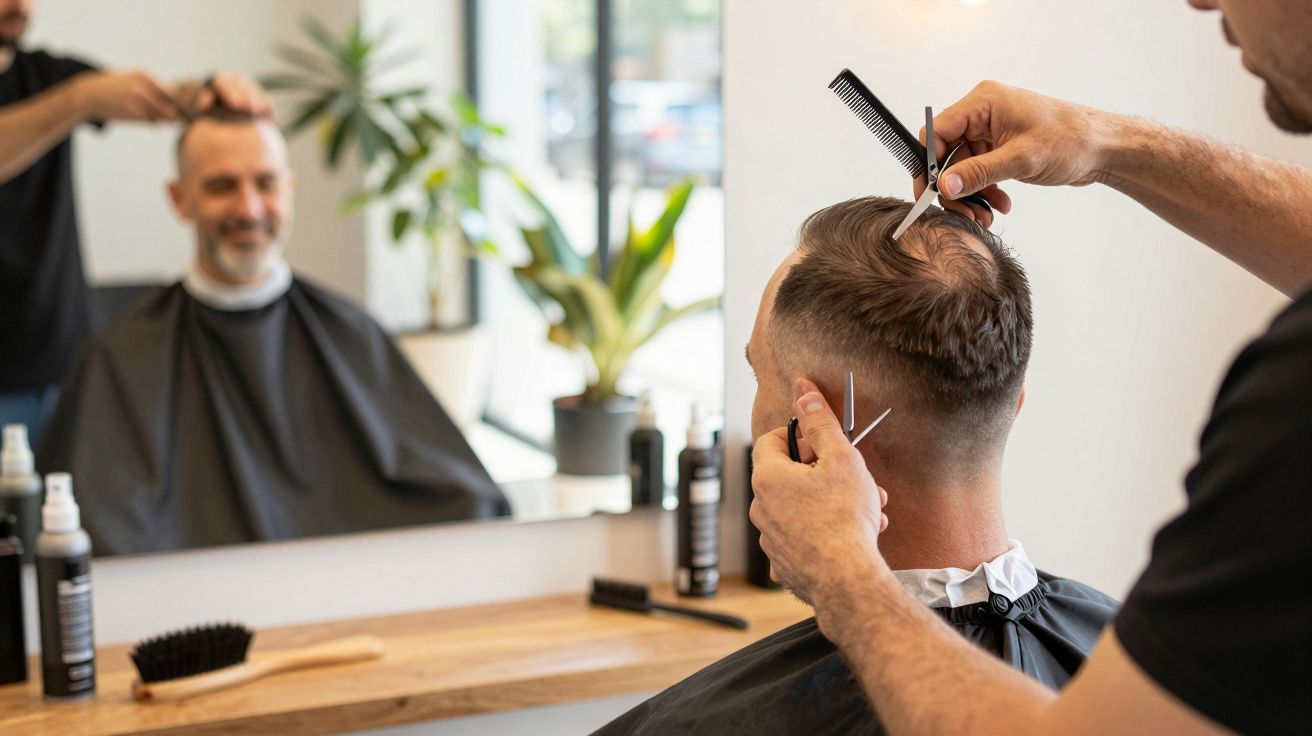 Fryzjer strzyże mężczyznę w salonie fryzjerskim, w tle duże lustro i roślina.