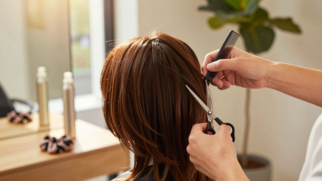Osoba z brązowymi włosami siedzi w salonie fryzjerskim, podczas gdy fryzjer przycina jej włosy nożyczkami i grzebieniem.