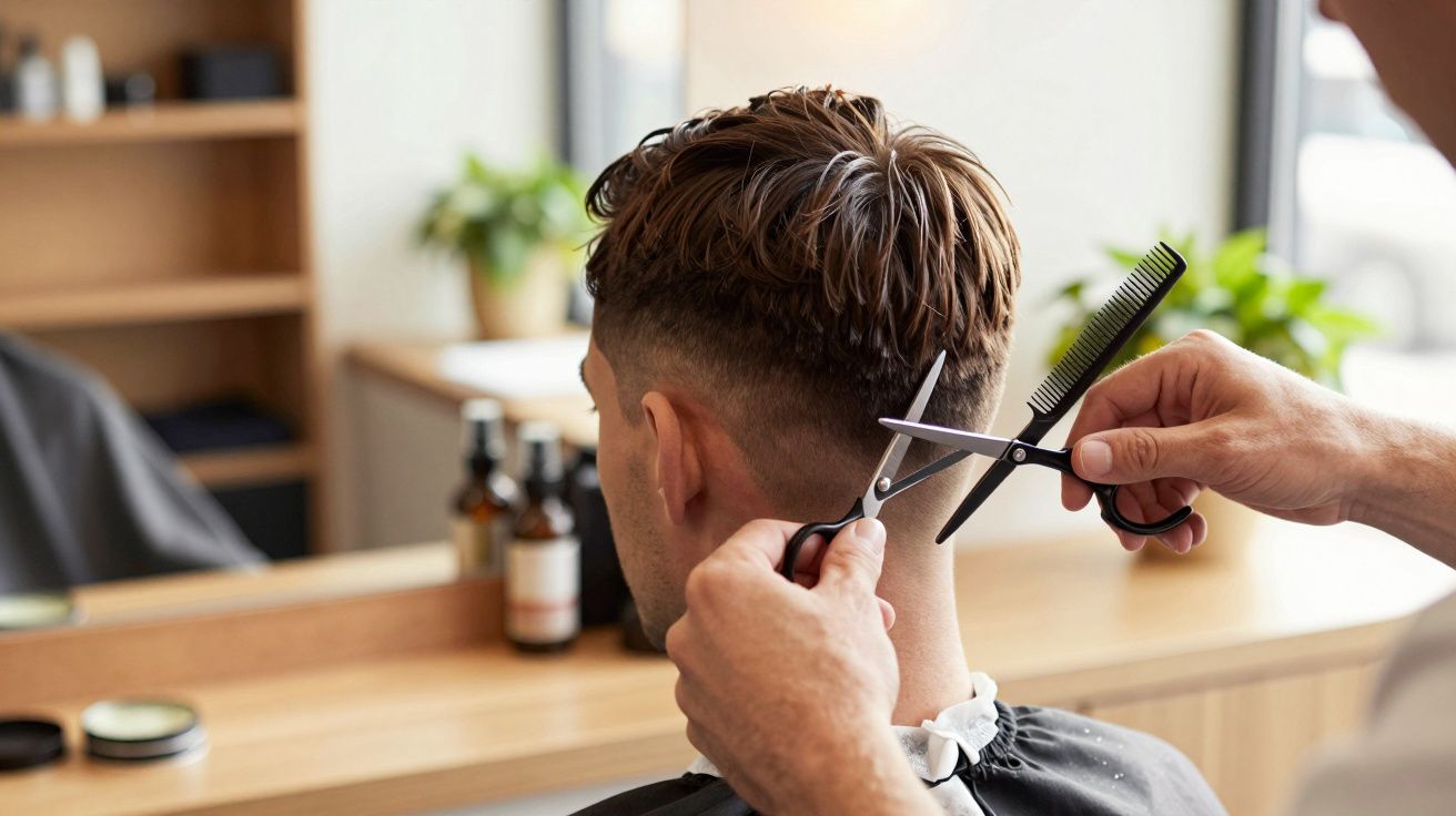 Fryzjer przycina włosy mężczyzny w salonie, używając nożyczek i grzebienia.