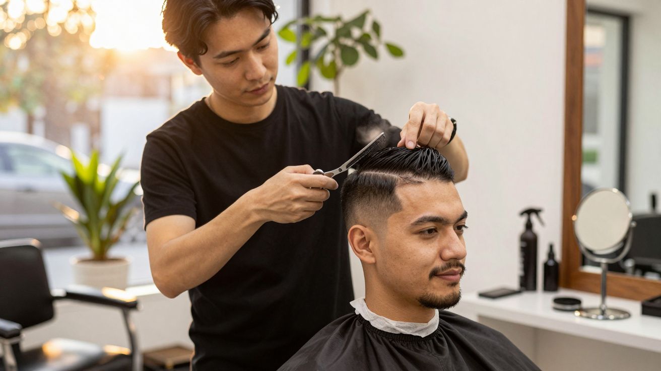 Fryzjer w czarnym t-shircie przycina włosy mężczyzny, siedzącego w salonie fryzjerskim. W tle roślina i okno.