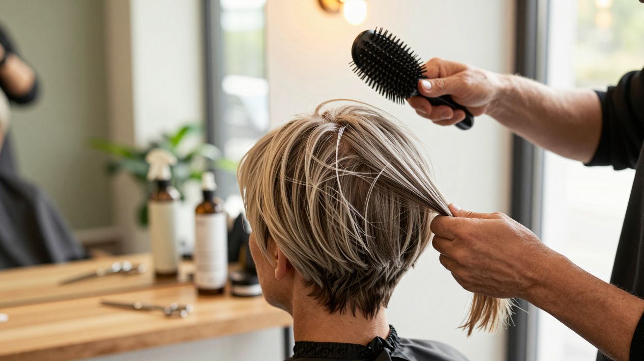 Fryzjer szczotkuje włosy klientki siedzącej w salonie fryzjerskim.